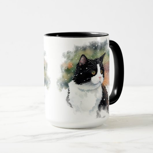 SCHÖNE WASSERFARBE SCHWARZ-WEISS TUXEDO CAT TASSE (VorderseiteRechts)