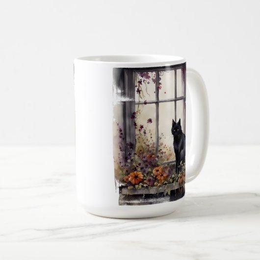 SCHÖNE WASSERFARBE SCHWARZE KATZE IM FENSTER KAFFEETASSE (VorderseiteRechts)