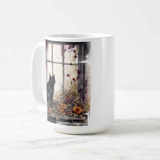 SCHÖNE WASSERFARBE SCHWARZE KATZE IM FENSTER KAFFEETASSE (Vorderseite Links)