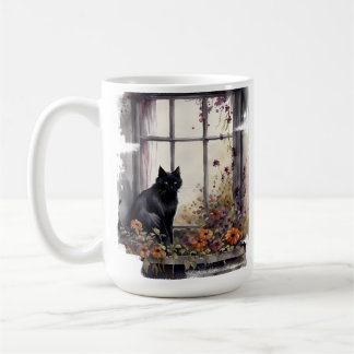 SCHÖNE WASSERFARBE SCHWARZE KATZE IM FENSTER KAFFEETASSE