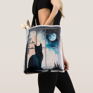 SCHÖNE WASSERFARBE SCHWARZE KATZE IM FENSTER TASCHE