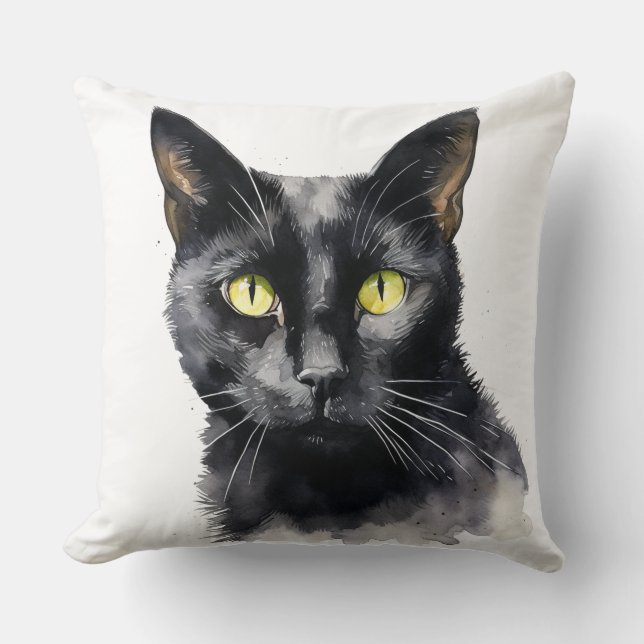 SCHÖNE WASSERFARBE SCHWARZE KATZE KISSEN (Vorderseite)