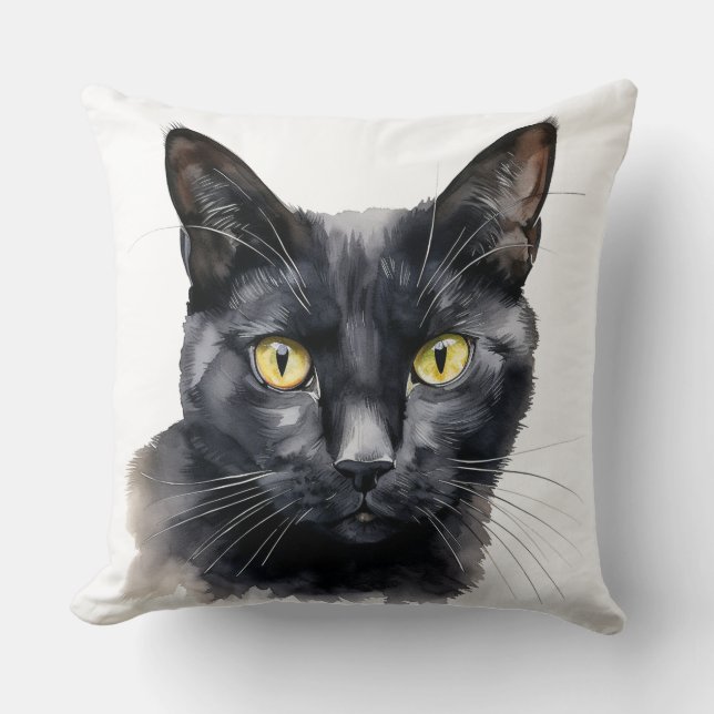 SCHÖNE WASSERFARBE SCHWARZE KATZE KISSEN (Vorderseite)