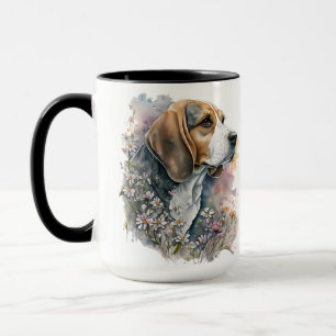 SCHÖNE WASSERFARBE TRICOLOR BEAGLE HUND & BLUME TASSE
