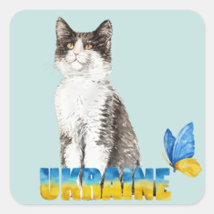 Schöne Wasserfarbe Ukraine Katze und Schmetterling Quadratischer Aufkleber