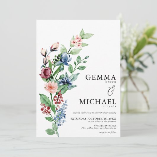 Schöne Wasserfarben Blumen & Grüne Hochzeit Einladung (Stehend Vorderseite)