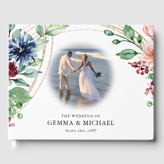 Schöne Wasserfarben Blumen & Grüne Hochzeit Gästebuch (Vorderseite)