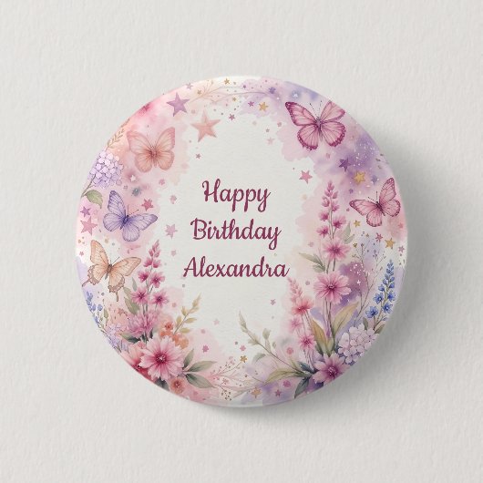 Schöne Wasserfarben Blumen und Schmetterlinge Button (Vorderseite)
