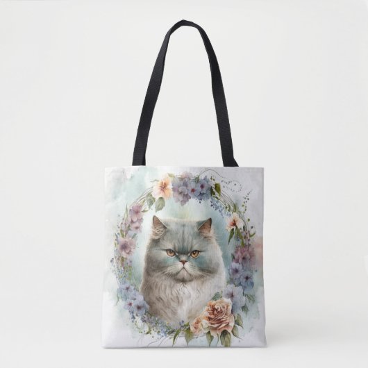 SCHÖNE WASSERFARBEN, GRAU PERSIAN CAT-BLUME TASCHE (Vorderseite)