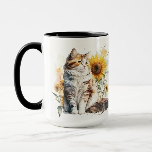 SCHÖNE WASSERFARBENKATZE MIT SONNENBLUMEN TASSE (Links)