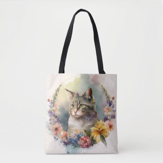 SCHÖNE WASSERFARBTABBY CAT-BLUME TASCHE (Vorderseite)