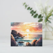 Schöne Watercolor Ocean Sunset Landschaft Postkarte (Stehend Vorderseite)