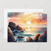 Schöne Watercolor Ocean Sunset Landschaft