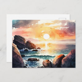 Schöne Watercolor Ocean Sunset Landschaft Postkarte