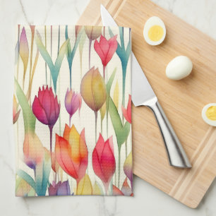 SCHÖNE WATERCOLOR ROSA & ORANGE BLUMEN TULPEN GESCHIRRTUCH