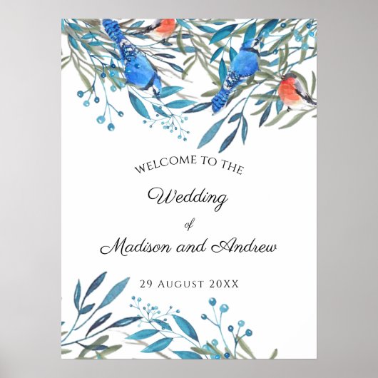 Schöne Watercolor-Vögel und Foliage-Hochzeit Poster (Vorne)