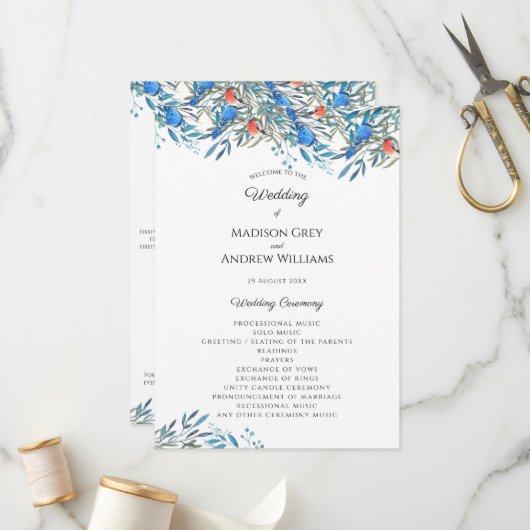 Schöne Watercolor-Vögel und Foliage-Hochzeit Programm (Vorderseite/Rückseite Beispiel)