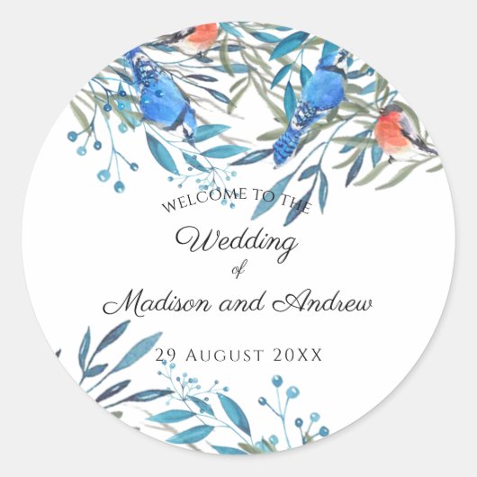 Schöne Watercolor-Vögel und Foliage-Hochzeit Runder Aufkleber (Vorderseite)
