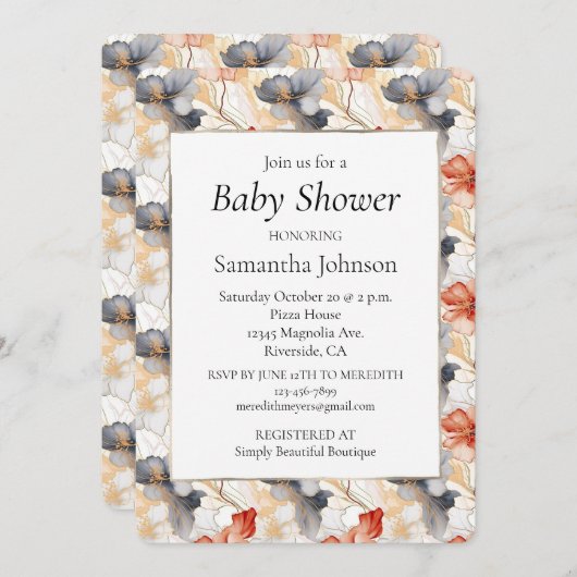 Schöne weibliche Pfirsich Blau und Weiß Blumen Einladung (Vorne/Hinten)