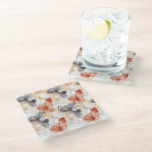 Schöne weibliche Pfirsich Blau und Weiß Blumen Glasuntersetzer (Schrägansicht)