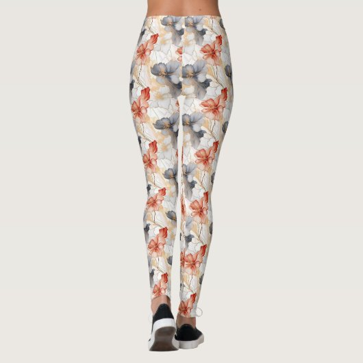 Schöne weibliche Pfirsich Blau und Weiß Blumen Leggings (Rückseite)