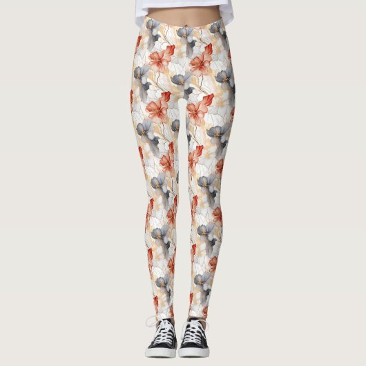 Schöne weibliche Pfirsich Blau und Weiß Blumen Leggings (Vorderseite)