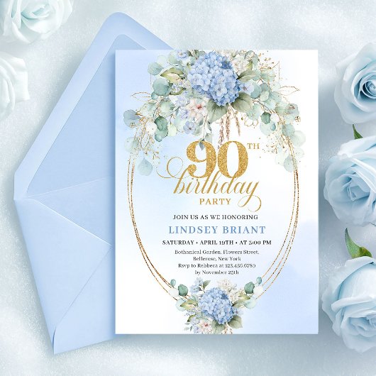 Schöne weiche blaue Hortensien Gold 90. Geburtstag Einladung