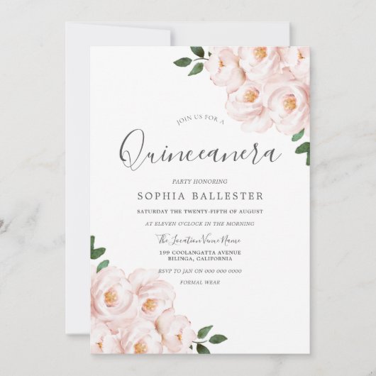 Schöne, weiche, rosa Blume Quinceanera Einladung (Vorderseite)