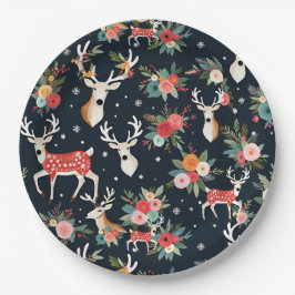 Schöne Weihnachtsbaum Rentier Floral Pappteller