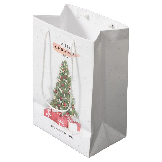 Schöne Weihnachtsbaum Wasserfarbener Urlaub Mittlere Geschenktüte (Vorderseite Schrägansicht)