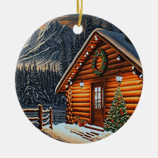 Schöne Weihnachtsbeleuchtung Holzschnee in der Hüt Keramik Ornament (Vorne)