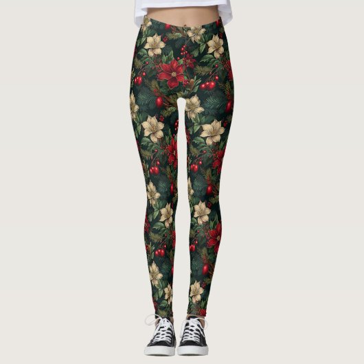 Schöne Weihnachtschinoiserie Blumen Leggings (Vorderseite)