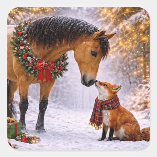 Schöne Weihnachtsferien Pferd und Fuchs Quadratischer Aufkleber (Vorderseite)