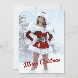 Schöne Weihnachtsfrau über den Winterschnee Feiertagskarte