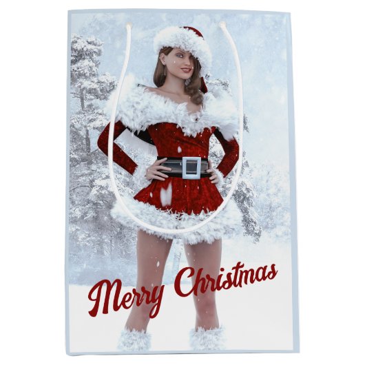 Schöne Weihnachtsfrau über den Winterschnee Mittlere Geschenktüte (Vorderseite)