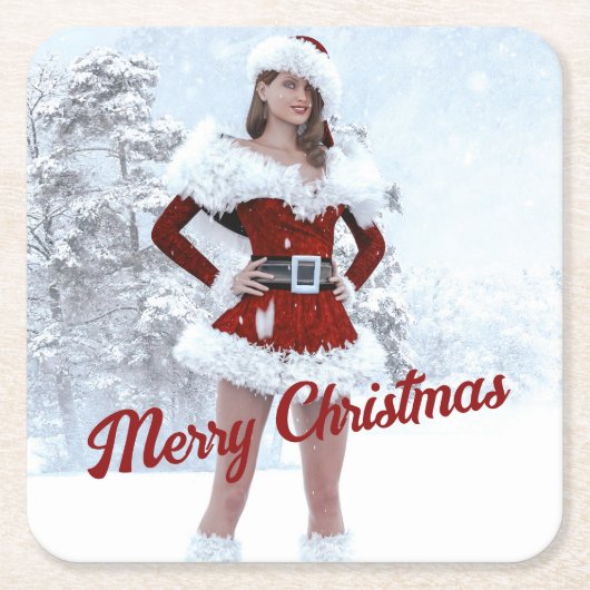 Schöne Weihnachtsfrau über den Winterschnee Rechteckiger Pappuntersetzer (Vorderseite)