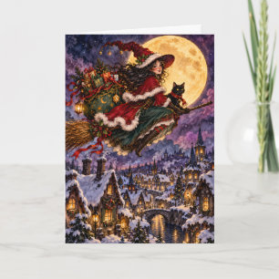 Schöne Weihnachtshexe fliegt auf Besenstiel Creepm Feiertagskarte