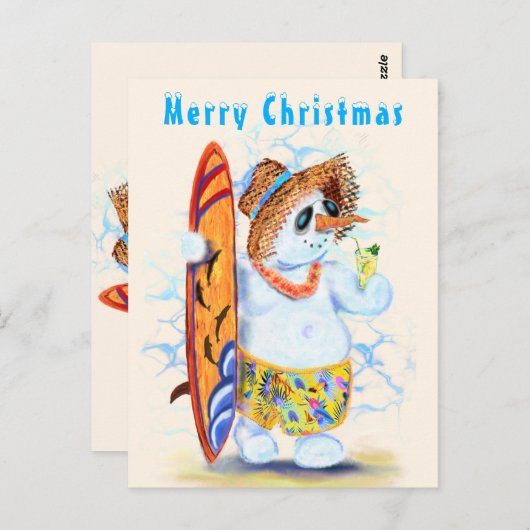 Schöne Weihnachtskarte mit Snowman Surfer Sommer Postkarte (Vorne/Hinten)