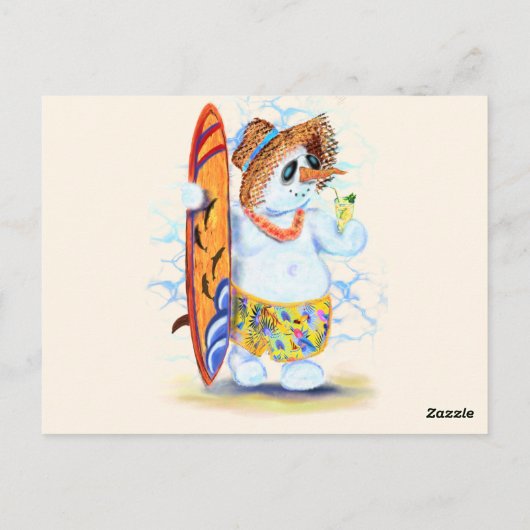 Schöne Weihnachtskarte mit Snowman Surfer Sommer Postkarte (Rückseite)