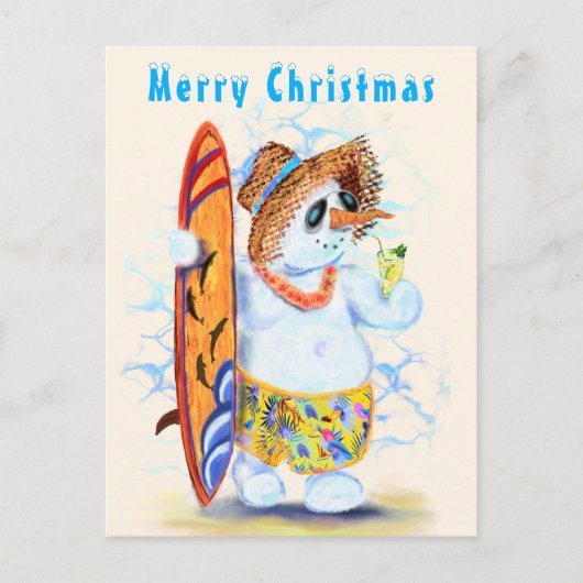Schöne Weihnachtskarte mit Snowman Surfer Sommer Postkarte (Vorderseite)