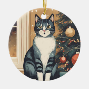 Schöne Weihnachtskatzenverzierung Keramik Ornament