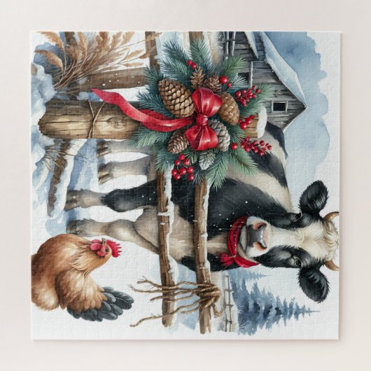 Schöne Weihnachtskuh mit Rooster Weihnachten Puzzle (Horizontal)
