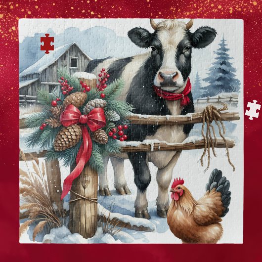 Schöne Weihnachtskuh mit Rooster Weihnachten Puzzle