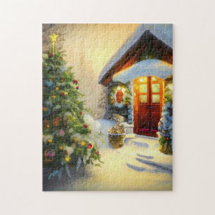 Schöne Weihnachtsnacht mit Baum und Schnee Puzzle