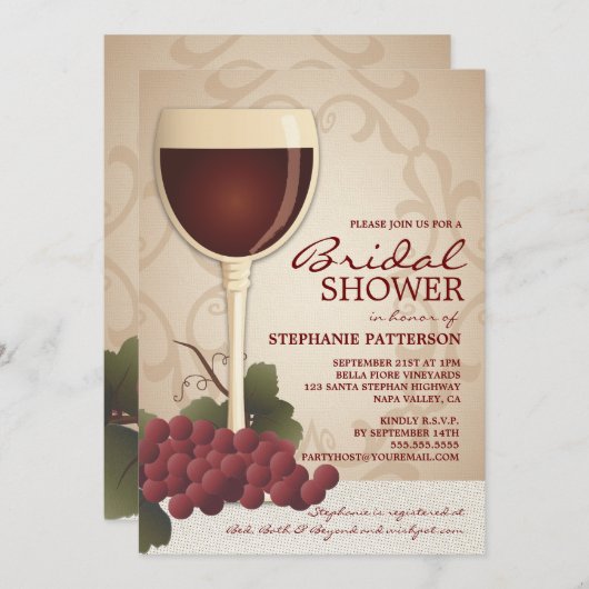 Schöne Wein & Trauben Dusche & Braun Einladung (Vorne/Hinten)