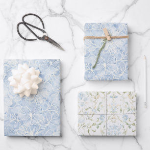 Schöne Weiße Blaue Blumen Brautparty Geschenkpapier Set