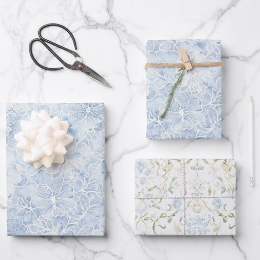 Schöne Weiße Blaue Blumen Brautparty Geschenkpapier Set (Vorderseite)