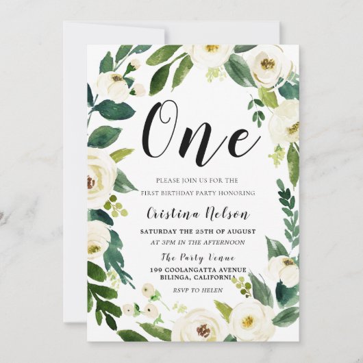Schöne weiße Blume Foto zurück 1. Geburtstag Einladung (Vorderseite)