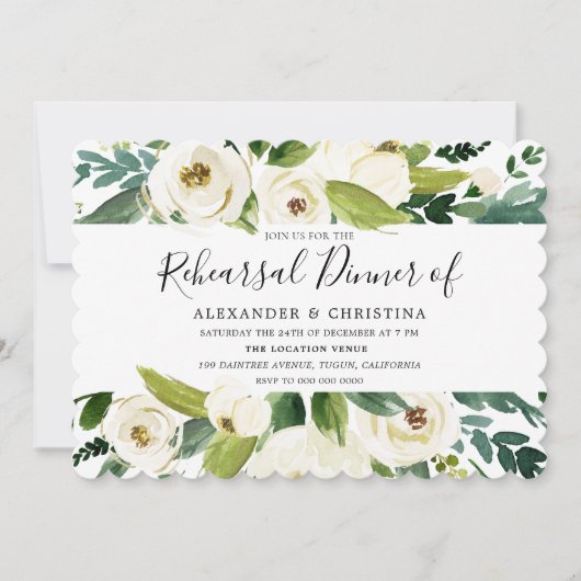 Schöne weiße Blume Grün Probe Abendessen Einladung (Vorderseite)