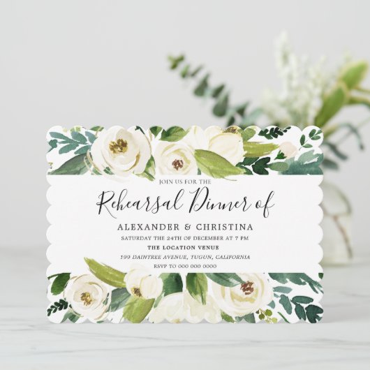 Schöne weiße Blume Grün Probe Abendessen Einladung (Stehend Vorderseite)